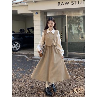 Gefälschtes zweiteiliges Kleid Damen Herbst Neu Hochwertig Französische Taille Dünn Mittellang Ärmellang Hepburn Rock