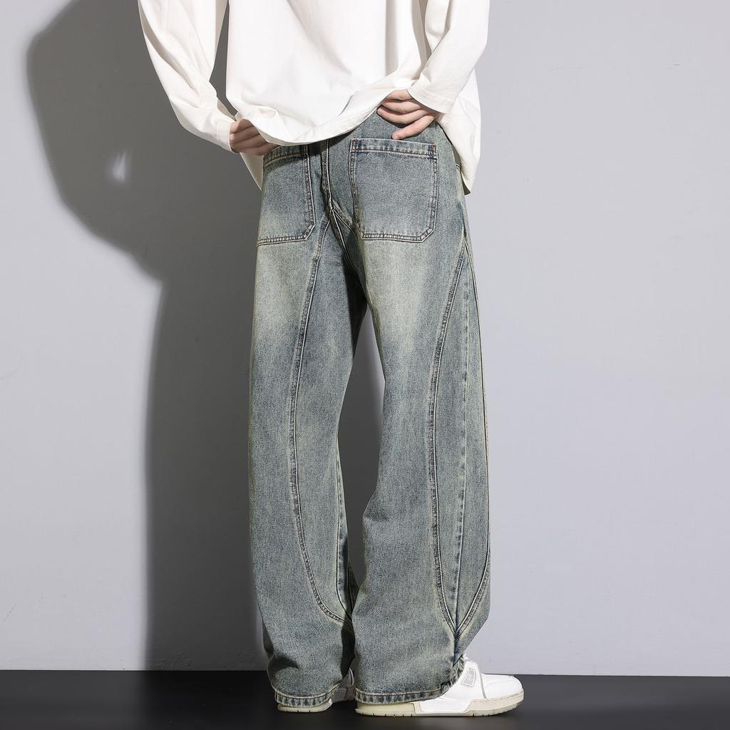 Spring, autumn and winter new four-season high-end deconstruction splicing wide-leg loose straight jeans men's pants trend