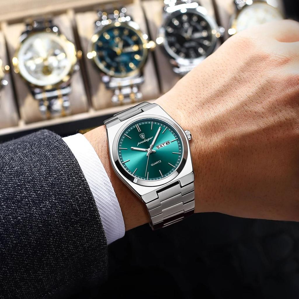 POEDAGAR Exquisite Business Men Watch Stainless Steel Waterproof Luminous Man Wristwatch Date Week Classic Men's Quartz Watches