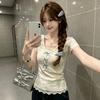 Pure Lace Splicing V-neck Hollow Short-sleeved T-shirt Women's Summer Design Bow Slim-fitting Foreign-style Versatile Top