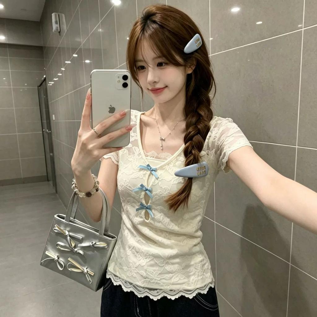Pure Lace Splicing V-neck Hollow Short-sleeved T-shirt Women's Summer Design Bow Slim-fitting Foreign-style Versatile Top