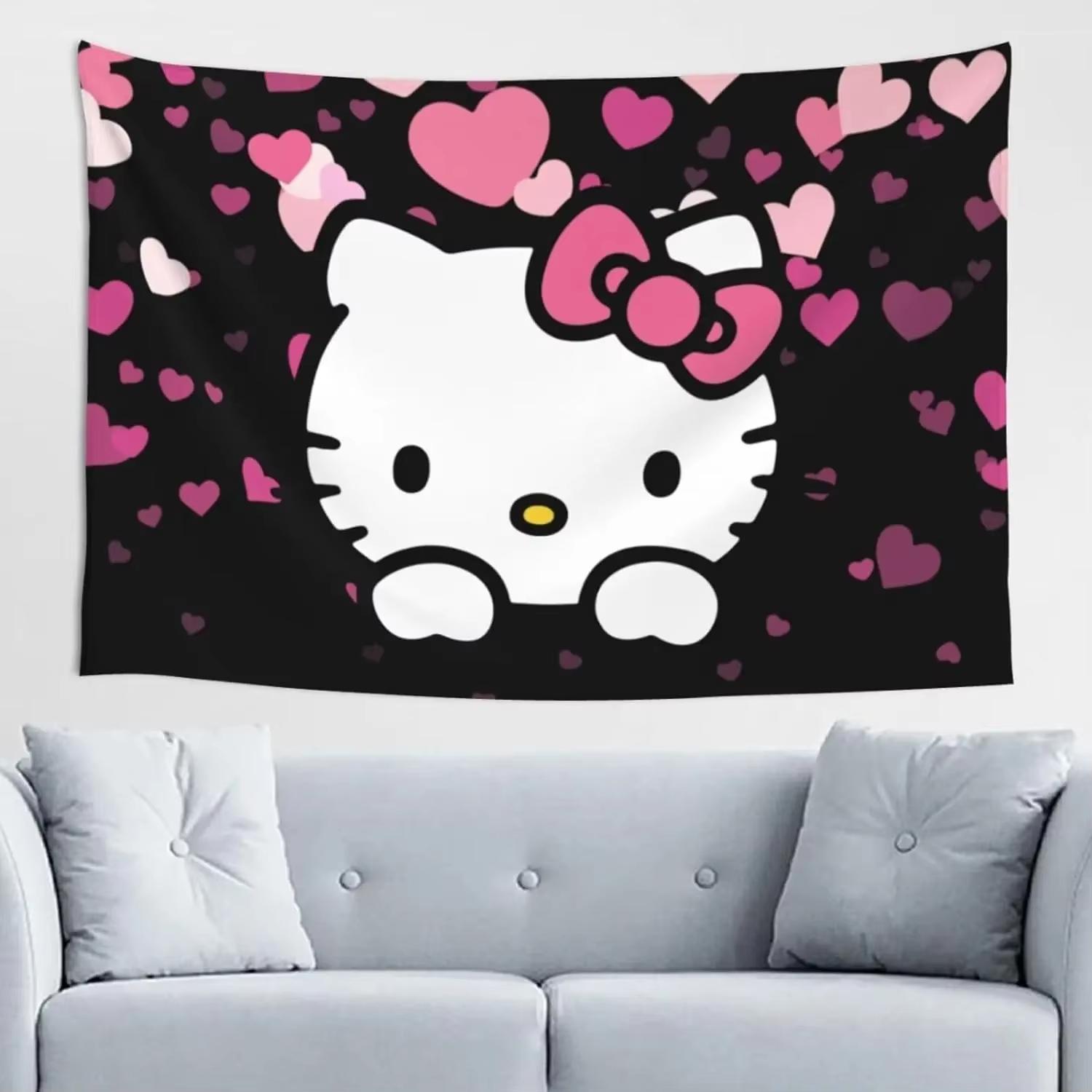 

Гобелен Hello Kitty с готическим черепом, настенное панно с принтом розового черепа и розы, милый декор с аниме-кошкой для спальни, домашний арт-аксессуар 74x94cm(29x37in)