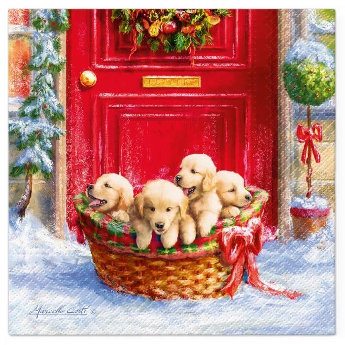 Serviettes en papier - Chiots de Noel - Lot de 20 - Rouge - 33x33 cm - Pratiques pour table et pique-nique
