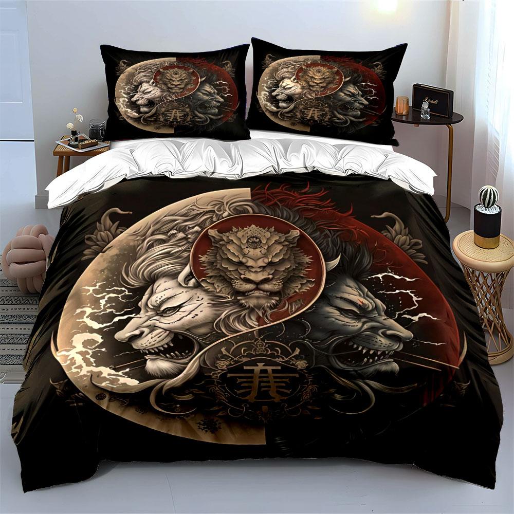 "Dragon Tiger Yin-Yang Decor Set" Bedding Set with 1 Duvet Cover 2 Pillowcases Single Double King Queen, Gift