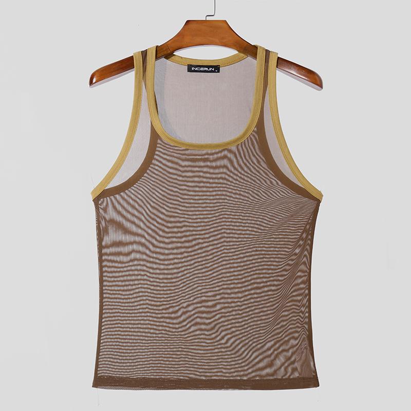 INCERUN Débardeurs à bretelles transparentes pour hommes Hauts transparents en maille patchwork