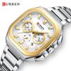 CURREN Chronograph Quartz Watch Square Stainless Steel Band Calendar Watch Business Men's Luminous Wristwatch Waterproof 8496