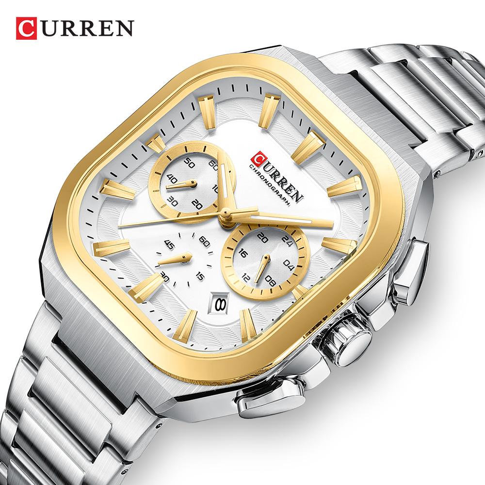 CURREN Chronograph Quartz Watch Square Stainless Steel Band Calendar Watch Business Men's Luminous Wristwatch Waterproof 8496
