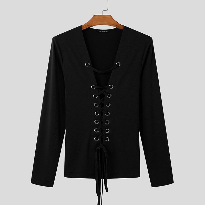 

INCERUN Men Long Sleeve Hollow Out Lace-up Bandage Skinny T-shirts Tops 3XL чёрный