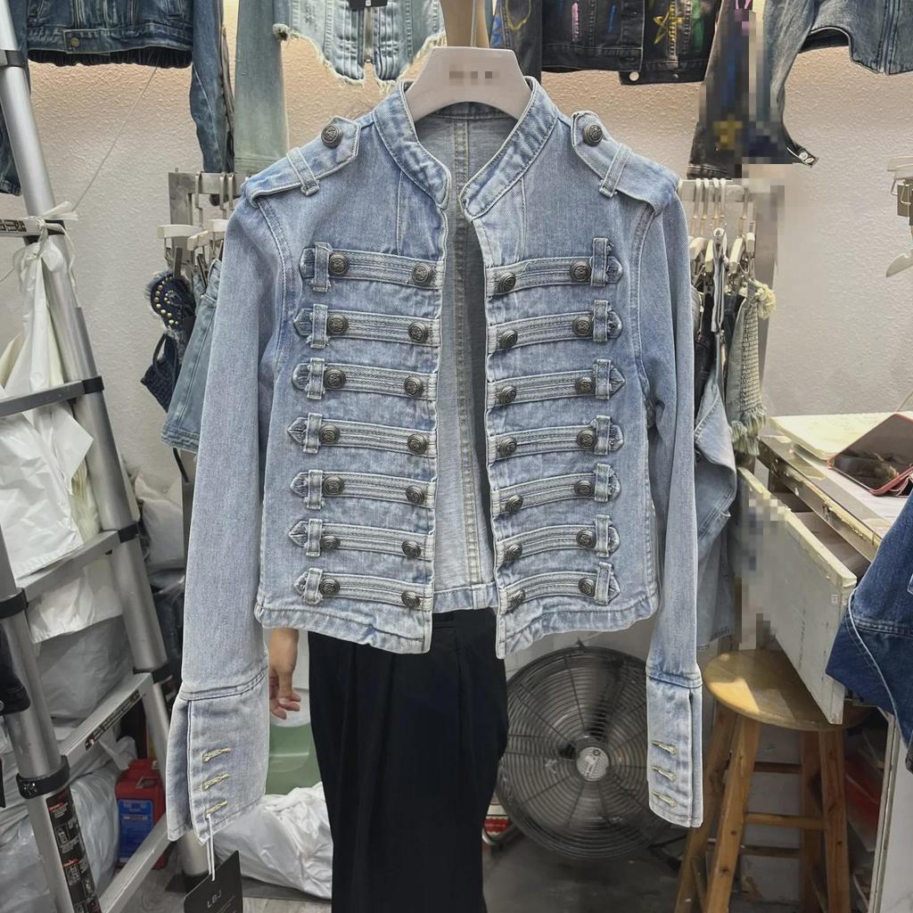 "European Retro Palace-Style Button-Down Long-Sleeve Denim Jacket - Spring/Autumn 2025 Fashion with Stand-Up Collar"