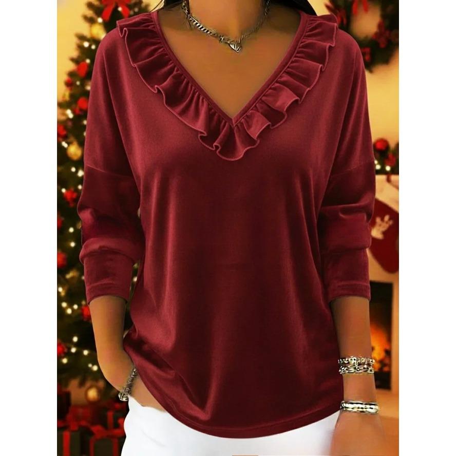 YYFS Camicette e camicie con scollo a V a maniche lunghe con stampa tinta unita primavera autunno moda casual da donna