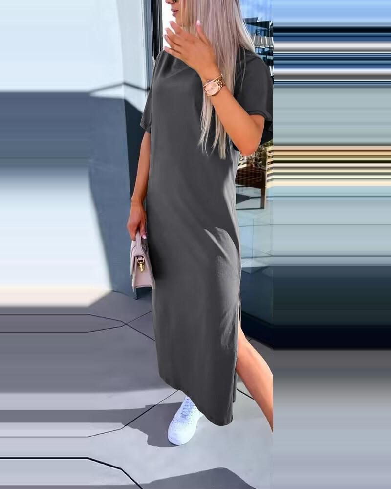 2024 Summer Women's Solid Color Short Sleeve Round Neck Slit Hem Dress