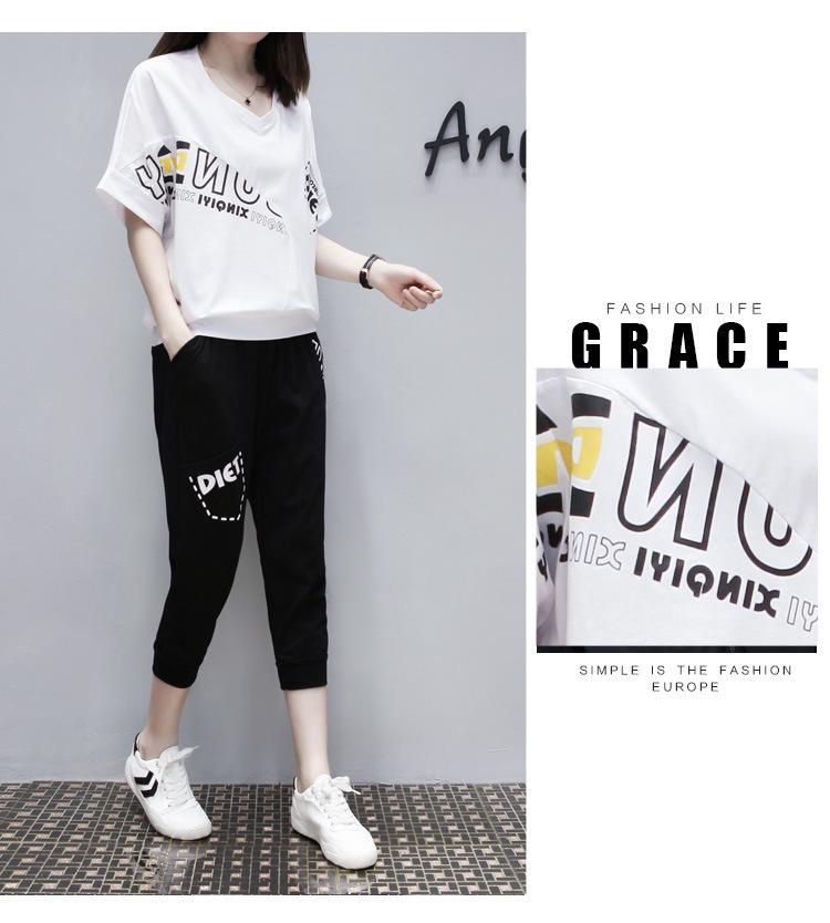 Summer 2024 Korean Style Plus Size Women's Sportswear Set - Short Sleeve Top & Seven-Point Pants