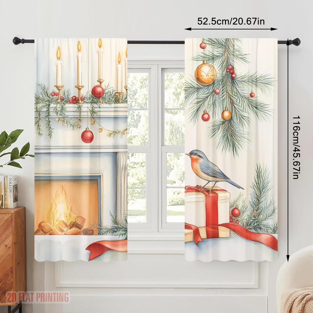 2pcs,2D Plane Printing Print Curtains Christmas Bird Candle Ornament Fireplace Polyester Woven (without Rod) All Seasons Ldeal