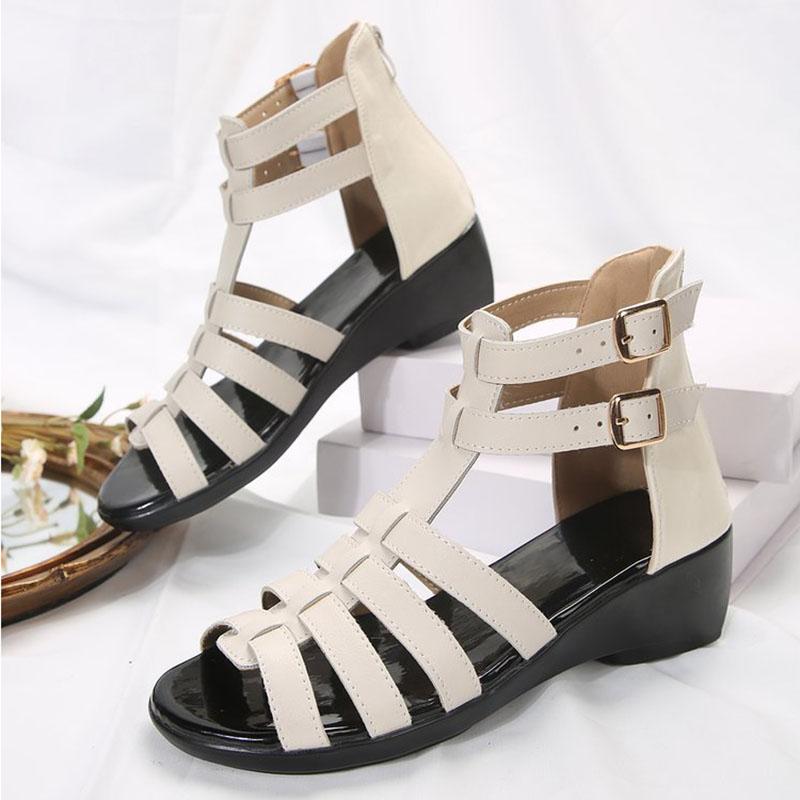Sandali estivi da donna con plateau e zeppa, punta tonda, sandali aperti, scarpe da spiaggia da donna con cinturino con fibbia, sandali beige da donna