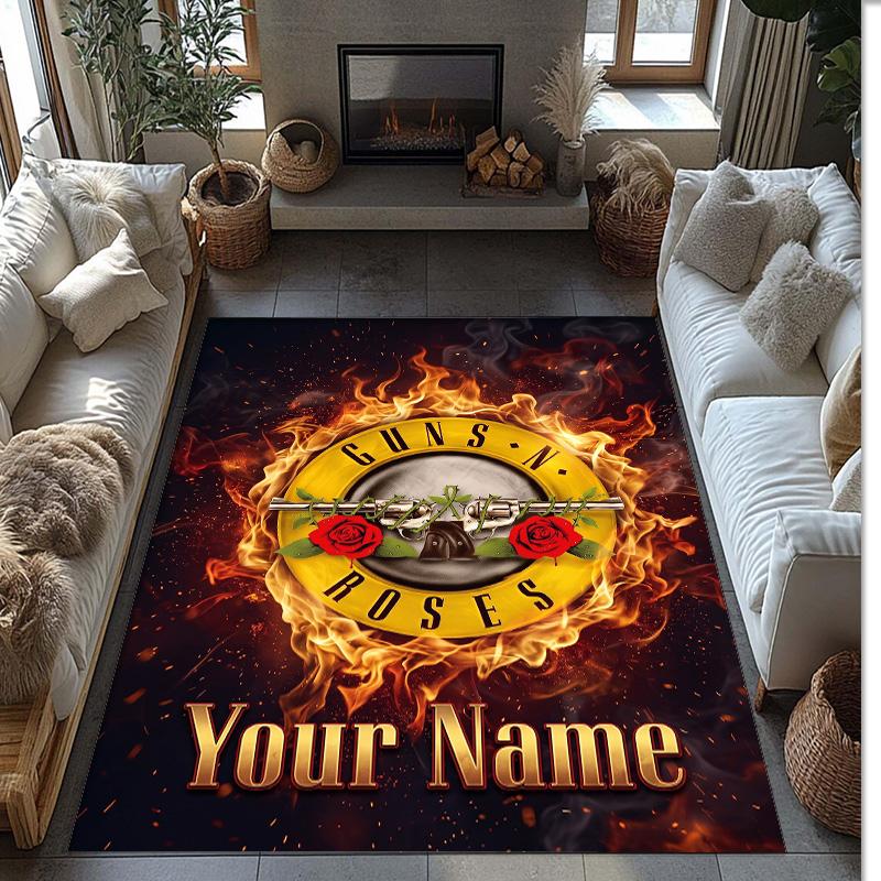 Guns N’ Roses Crystal Velvet Rug, Custom Name Text Personalized Non‑Slip Floor Mat for Home Decor Gift