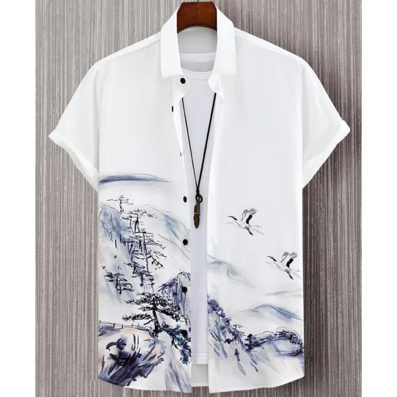3D Digital Print Men Summer Short Sleeve Fashion Lapel Shirt Men Loose Hawaii Shirt Tops S