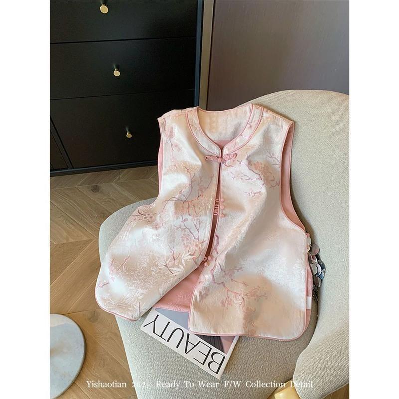 

Розовый жаккардовый улучшенный жилет женский 2025 новый высококлассный жилет на пуговицах короткий топ M [Recommended below 50kg]