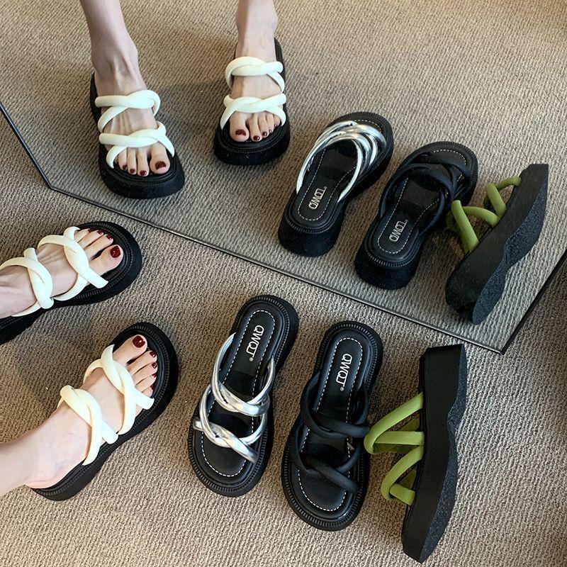 

2025 Summer New Lightweight Platform Slide Sandals for Women Cross-Strap Elevated Versatile Thick Sole Shoes for Added Height 40 зелений
