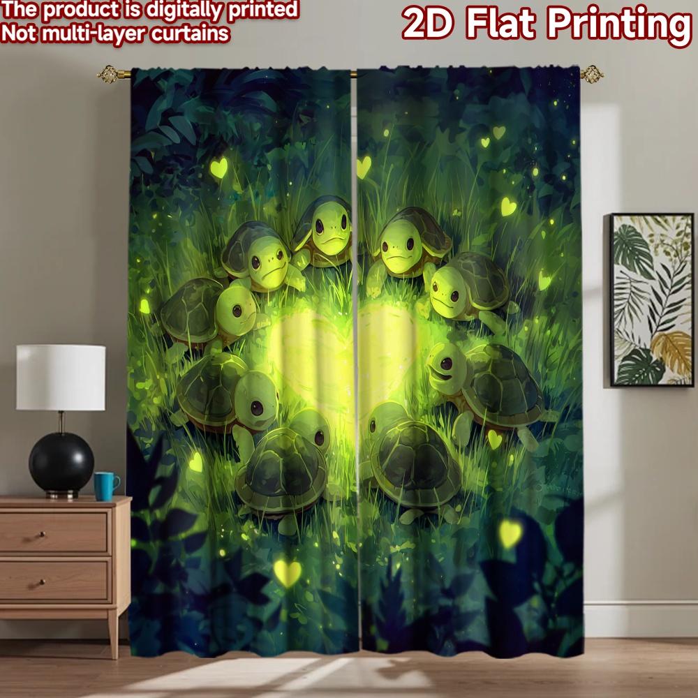 2D Flat Printing 2pcs Curtains Cute Turtles Glowing Hearts Digital Printed Polyester Drapes Birthday Party for Indoor