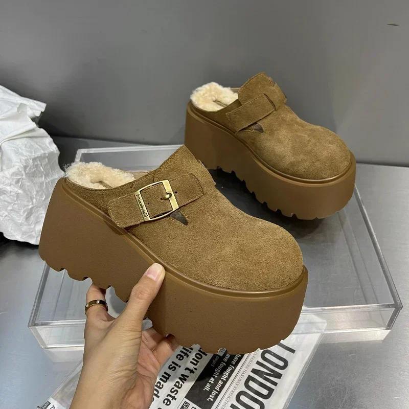 

Платформа Высокий каблук Тапочки Женские замшевые туфли-мюли Женские 2025 Тренд Зима Новые Теплые Повседневные Модные Снежные Ботинки Mujer Zapatos 35 верблюд