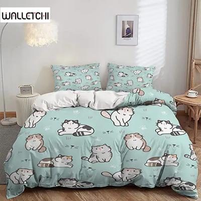 Cartoon Cats Green Duvet Cover Cute Cartoon Cats Pet Bedspread Printed Duvet Cover Set for Boys Girls for Room Decoration Gifts