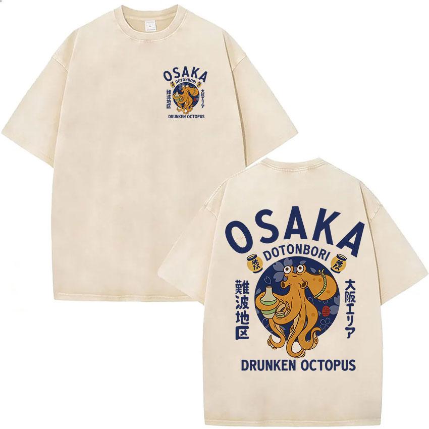 Divertente Osaka Dotonbori Polpo Ubriaco Giapponese Retrò Lavata Maglietta Unisex Donna Abbigliamento Umoristico Moda Cotone Manica Corta T-shirt