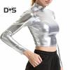 Women Club Top Half High Collar Glossy Surface Skinny Waist Exposed Solid Color Pullover Soft Breathable Lady Pole Dance Performance Party Crop Top