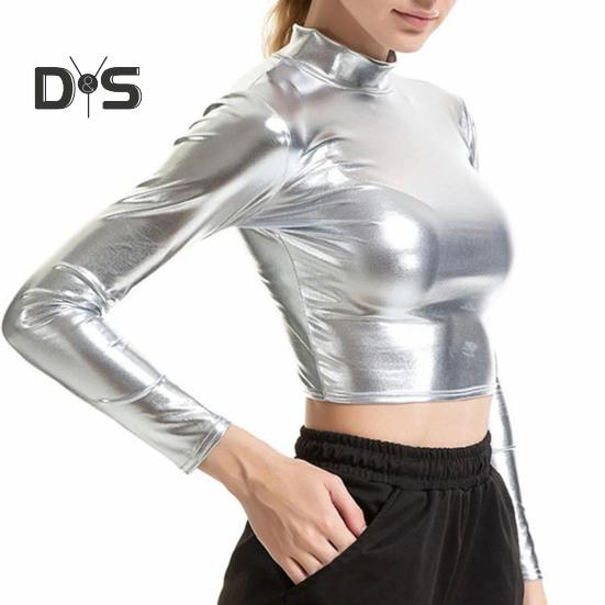 Women Club Top Half High Collar Glossy Surface Skinny Waist Exposed Solid Color Pullover Soft Breathable Lady Pole Dance Performance Party Crop Top