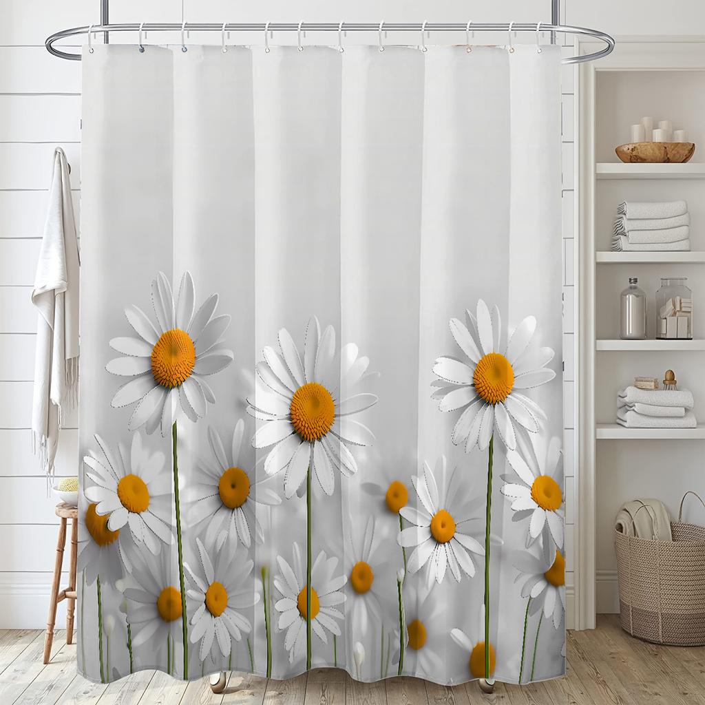White Background Daisy Shower Curtain - 12 Hooks, 71x71 Inch, Polyester