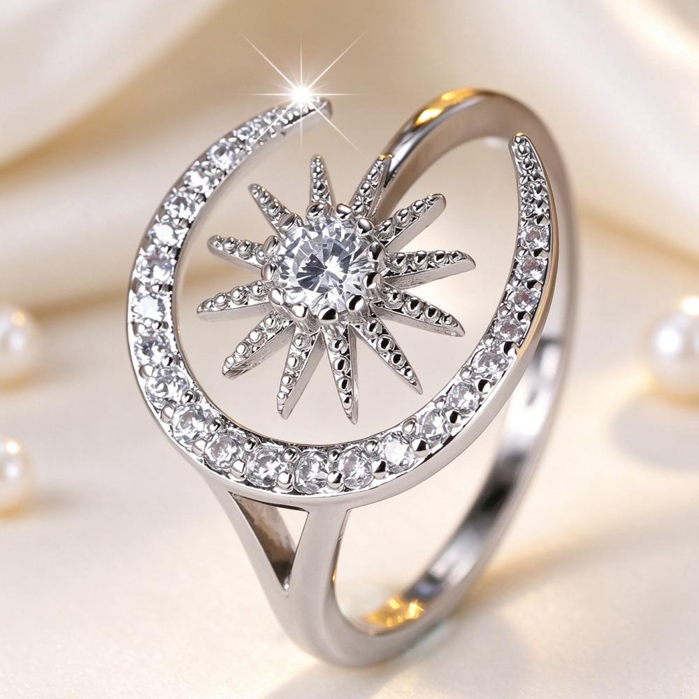 Elegant Silver Color Gold Color Moon Star Zircon Adjustable Band Open Ring for Women Party Wedding Jewelry Gift