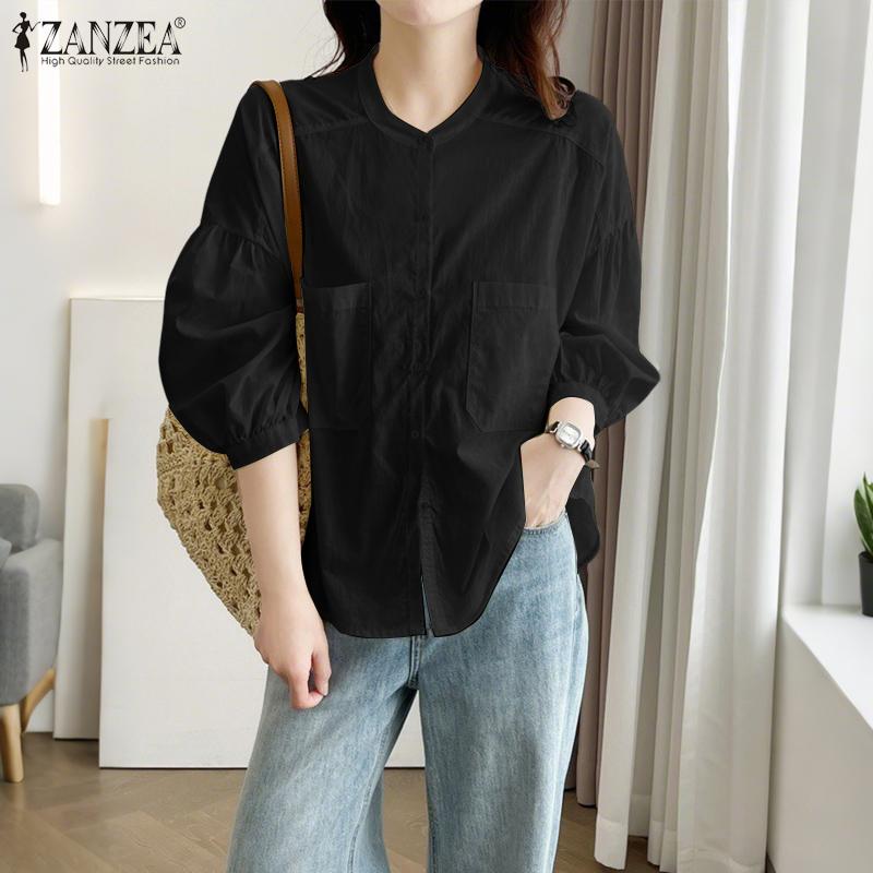 ZANZEA Women Casual Round Neck Loose 3/4 Sleeve Blouse