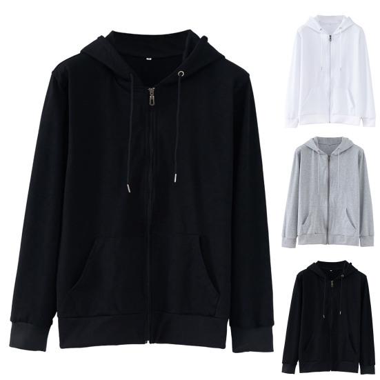 Spring Autumn Unisex Hoodie Solid Color Smooth Zipper Long Sleeve Hooded Coat Loose Ribbed Cuff Sweatshirt Streetwear