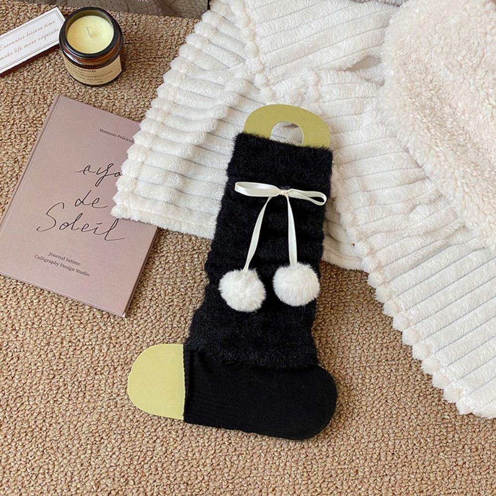 Plush Balls Balletcore Plush Stockings Y2k Lolita Bowknot Leg Warmer Fall Winter