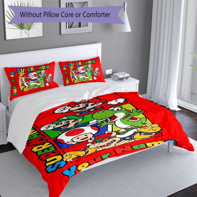 3pcs Custom Name Super Mario Bedding Set,Includes 1 Duvet Cover and 2 Pillowcases,All-season Bedroom Decor