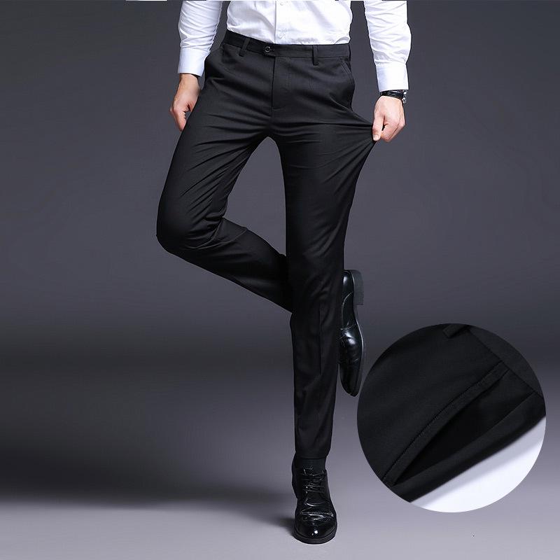 Men's Elastic Slim Fit Business Casual Black Straight-Leg Trousers