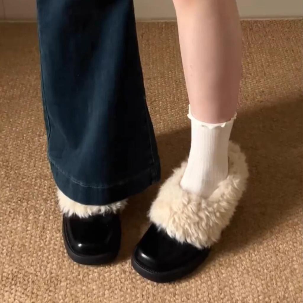 French medium heel square head fluffy shoes one pedal retro plush warm Mary Jane small leather shoes cotton shoes thick heel single shoes