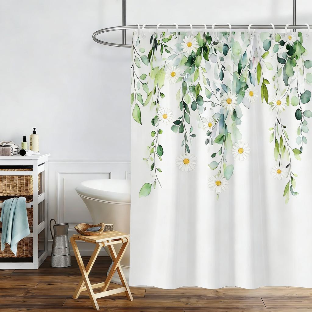 White Gardenia Watercolor Floral Waterproof Shower Curtain for Bathroom Decor