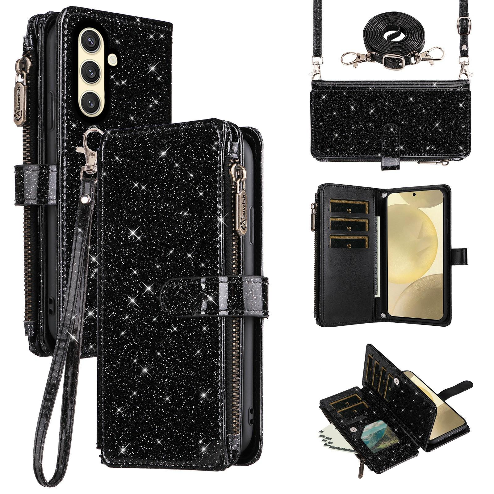 

ASUWISH For Samsung Galaxy A15 4G/5G Case 10 Card Holder Glitter Leather Phone Cover with Crossbody Strap
