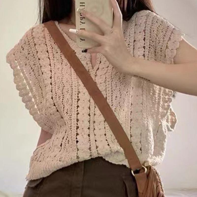 

Летние свободные кружевные майки с V-образным вырезом, вязаные крючком, женские модные тонкие шикарные топы без рукавов, элегантные облегающие винтажные майки 26571 One Size абрикосовый