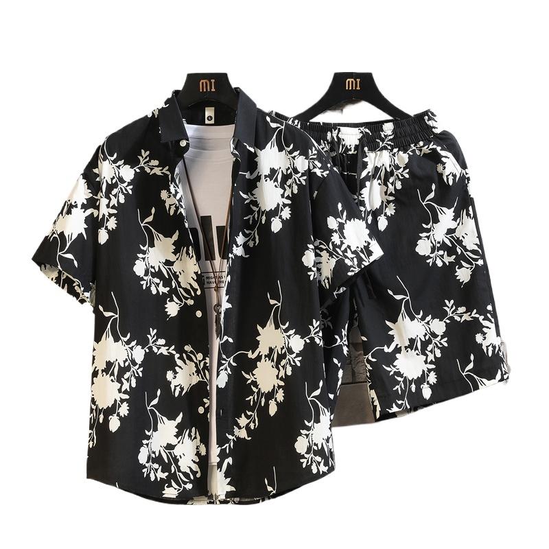 2026 Men's Cotton Beach Vacation Set, Shirt with Matching Drawstring Shorts, 11 Print Options Stylish Summer Suits, Asian Size