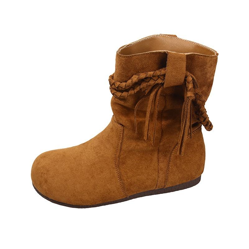 Cowhide version short boots women's inner height increase small fringed stacking boots autumn new retro Martin boots