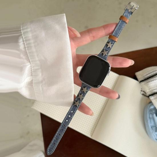 

Star Rivet Denim Canvas Leather Bracelet For Apple Watch Band Series 11/10/9/8/7/6/Ultra iWatch Strap 49/46/45/44/42/41/40/38mm 38 40 41(S11 10)42MM