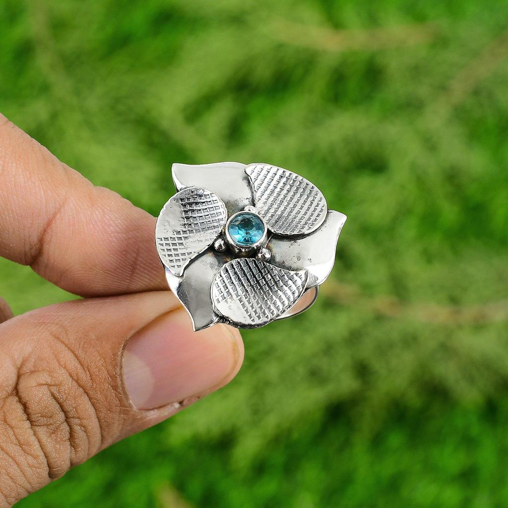 925 Sterling Silver Natural Swiss Blue Topaz Flower Mother Boho Multi Stone Ring