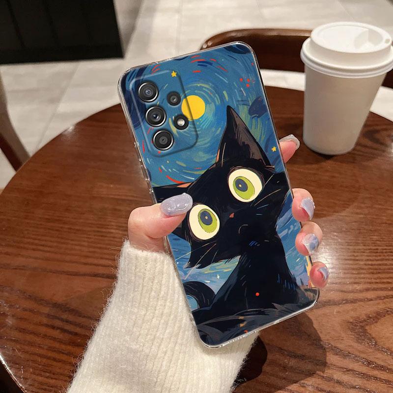 Retro Oil Painting Starry Sky Cat Clear Phone Case For Samsung Galaxy A56 A57 A37 A55 A54 A36 A35 A26 A25 A16 A17 A07 A52 Cover