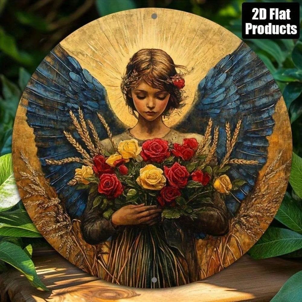

Metal Poster Angel Blue Wings Round 2D Aluminum Wall Art Home Bar Decor Halloween Gift