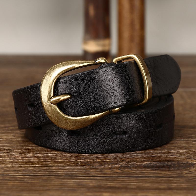 2024 Leather Belt Women'S Trend Versatile Personality Pleated Retro First Layer Cowhide Jeans Belt Women