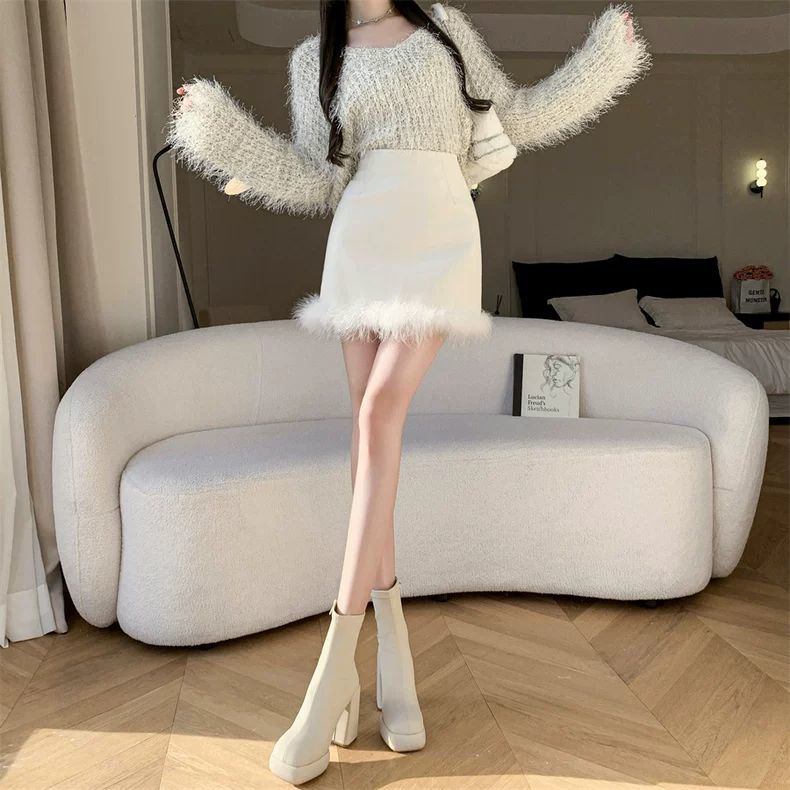 

Юбка из искусственной кожи Осень и зима Женская юбка Новый стиль Высококачественная меховая вставка Темперамент Высокая талия Бедра А-силуэт Короткая юбка M