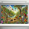 Whimsical Jungle Tapestry, Bright and Lively Rainforest with Exotic Animals, Waterfalls and Blooms, Playful Safari Wall Art