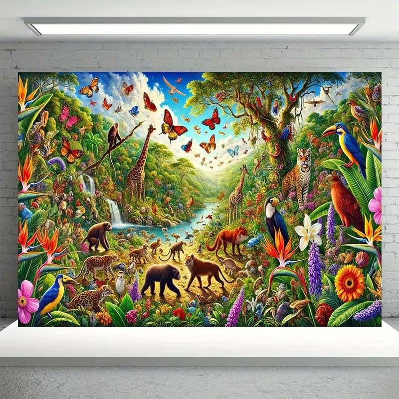Whimsical Jungle Tapestry, Bright and Lively Rainforest with Exotic Animals, Waterfalls and Blooms, Playful Safari Wall Art