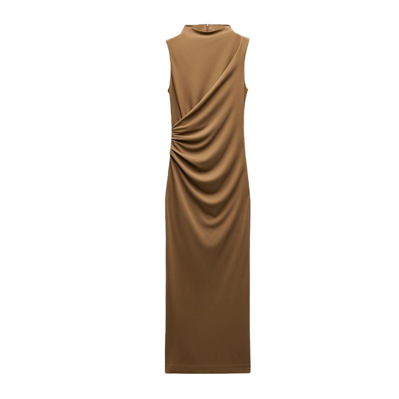 Spring New Women's Clothing Fashion Style Silm Ruched Decorative Stand Collar Sleeveless Midi Skirt Dress 4772305